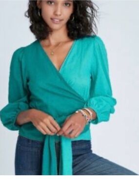 FARM Rio Teal Wrap Blouse with Tie Front